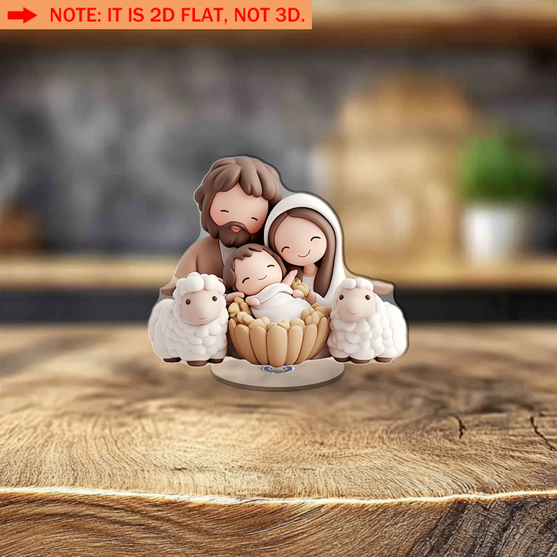 TEMU 2d Flat, 2d Flat 1pc 360° Rotating Acrylic Nativity Scene Ornament - 2d Flat Design Featuring Baby In The Manger With Mary And Joseph, Ideal For