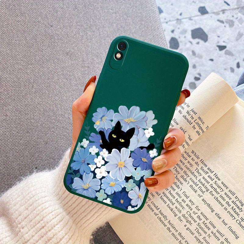 TEMU Чорний кіт чохол для телефону Black Cat Flower призначений для Redmi 9A Sport, що має матовий задній бік, що стійкий до ударів. Він поєднує