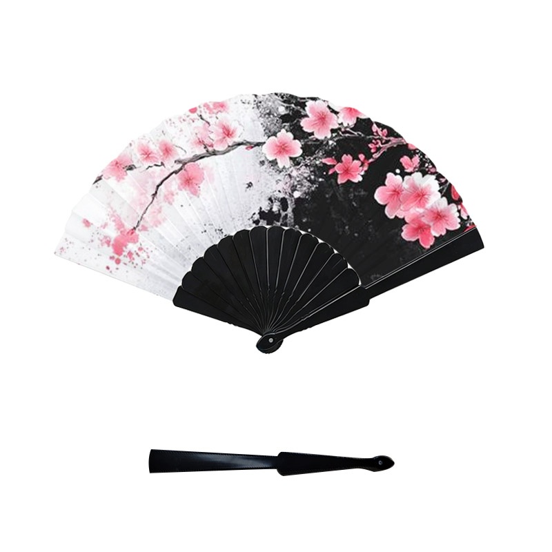 TEMU Art Abstract Black White Pink Cherry Print Women's Hand Fan, 1pc Plastic Fan Frame And Blade Style, Elegant Portable Cooling Accessory, Suitable