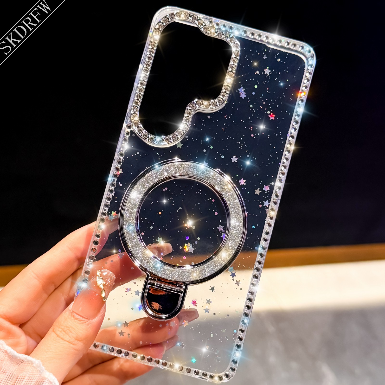 TEMU Custodia per telefono: Ultima custodia in stile Ins premium con cornice a strass glitterata, supporto magnetico e processo IMD per for Samsung