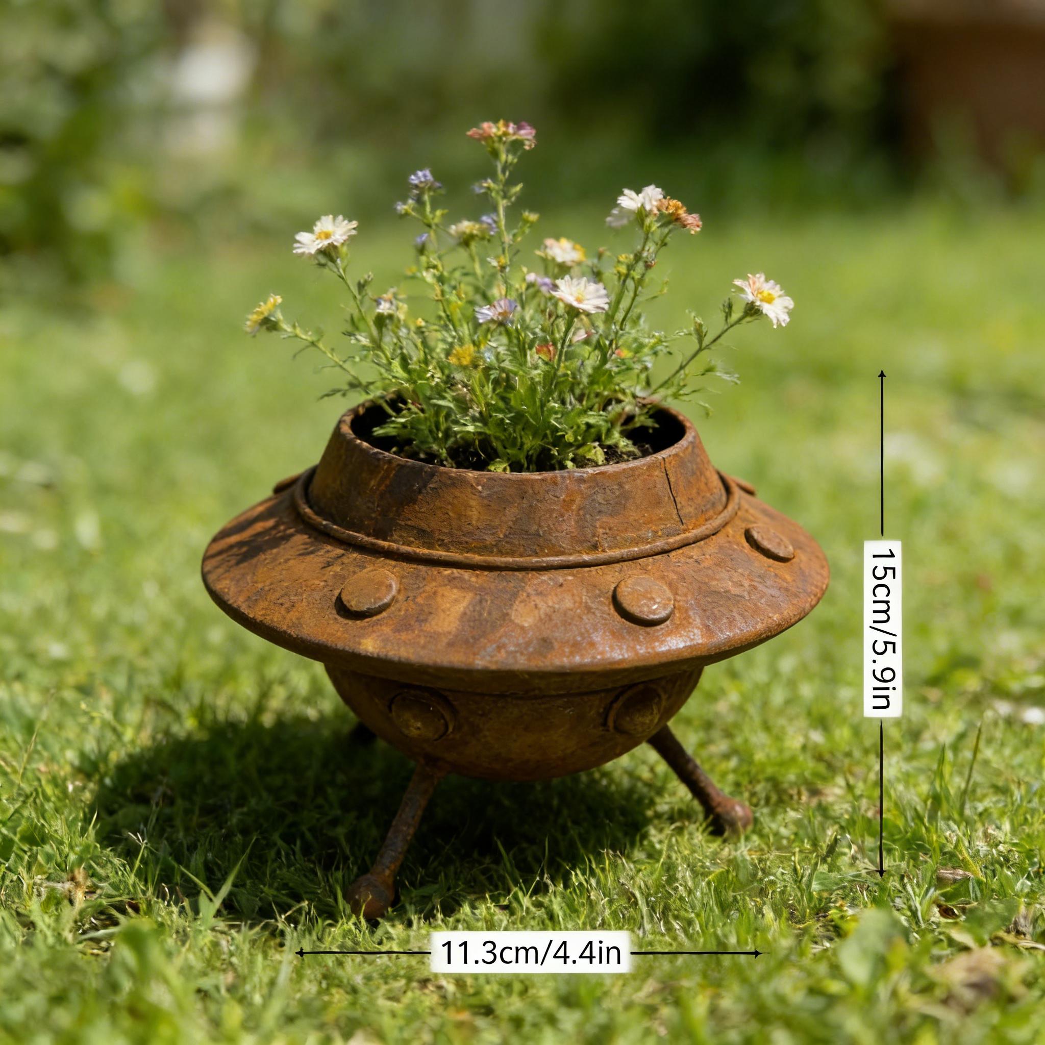 TEMU Planter, Rusty Metal Wrought Iron Distressed Flying Saucer Planter, Ufo Shape, Three-legged, For Outdoor Lawn, Vintage, Creative Gardening