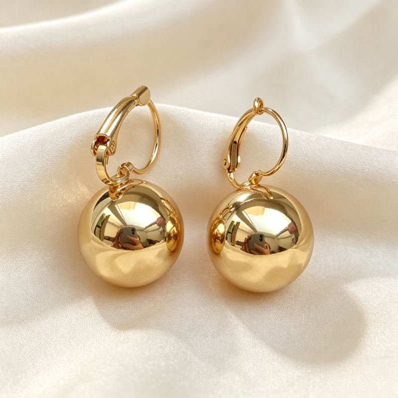 TEMU 14k Gold Plated Stainless Steel Round Ball Dangle Hoop Earrings, Smooth Polished Big Bead Drop Earrings Minimalist Jewelry For Women