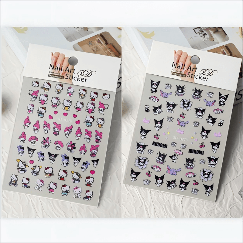 Image of 2pcs And Kuromi Cartoon Nail Art Stickers With 5d Design, Perfect For Nail Decoration. Ideal Gift For Birthdays, Valentine's Day, Thanksgiving, Halloween, Christmas, Carnival. Officially Licensed