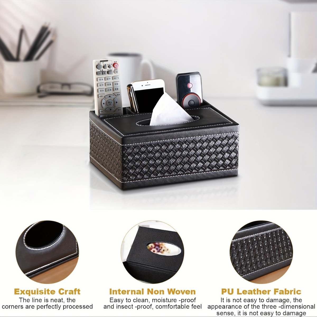 1  functional artificial leather tissue box holder with 4 compartments black rectangular storage organizer for living room bedroom desk and hotel use tissue holder for living room hotel room essentials textured surface durable plastic Product details 1