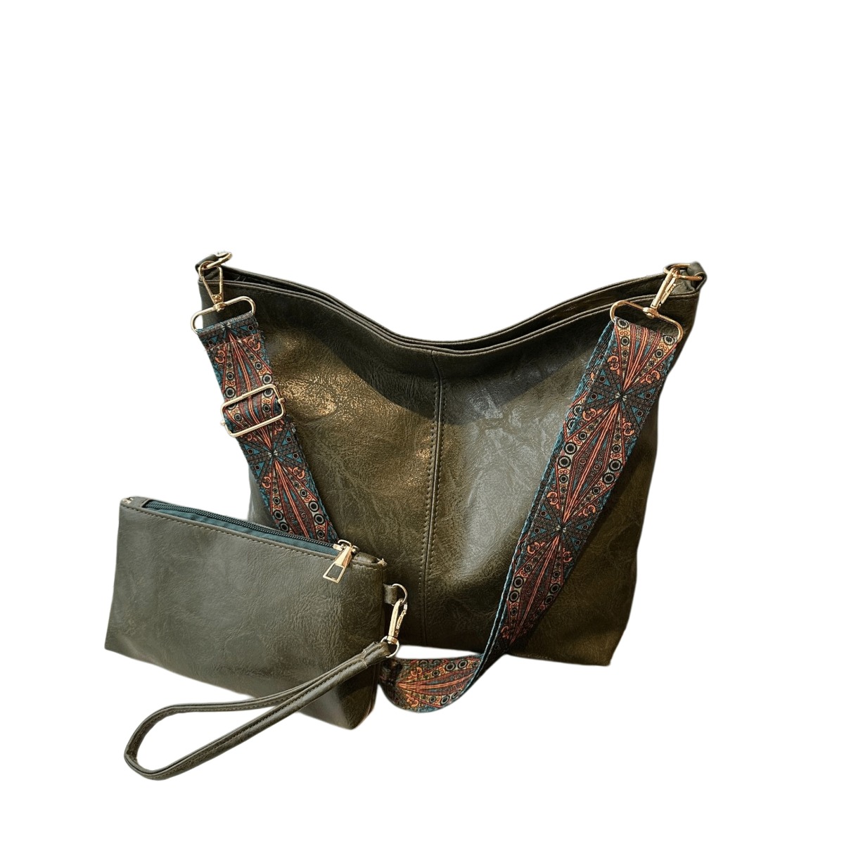 Image of 2pcs Women Vintage Hobo Tote Bag Set, Soft Large Capacity Shoulder Crossbody Bag With Printed Wide Adjustable Strap, Casual Commuter Handbag With Matching Wristlet Purse
