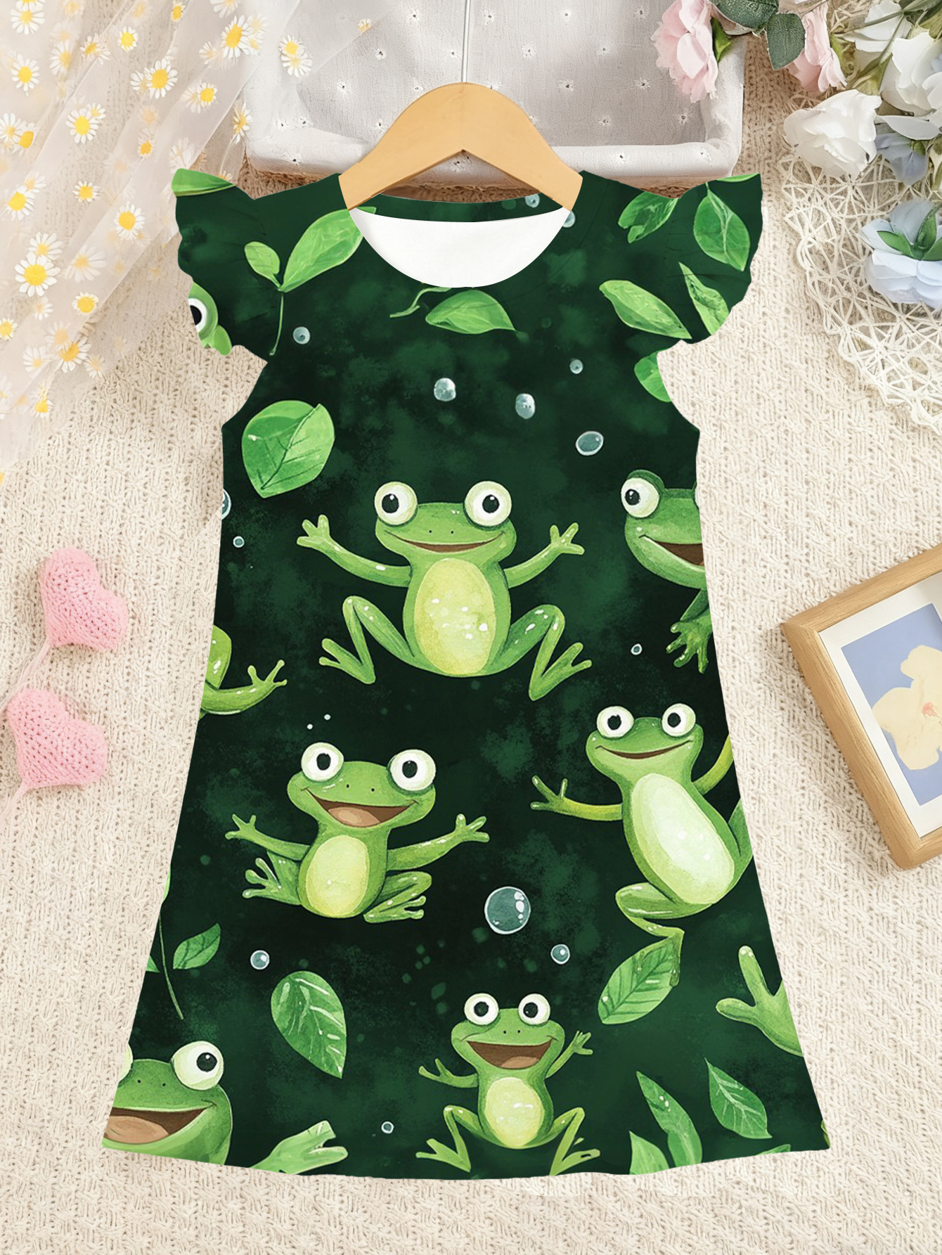 green frog dress Collectif Female Green Bespoke Frog Forest Print Mini Dress, UK16 main image 0