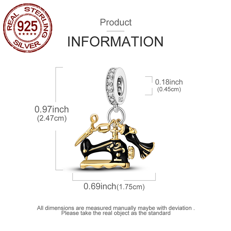 925 Silver Black Golden Sewing Machine Pendant Charm