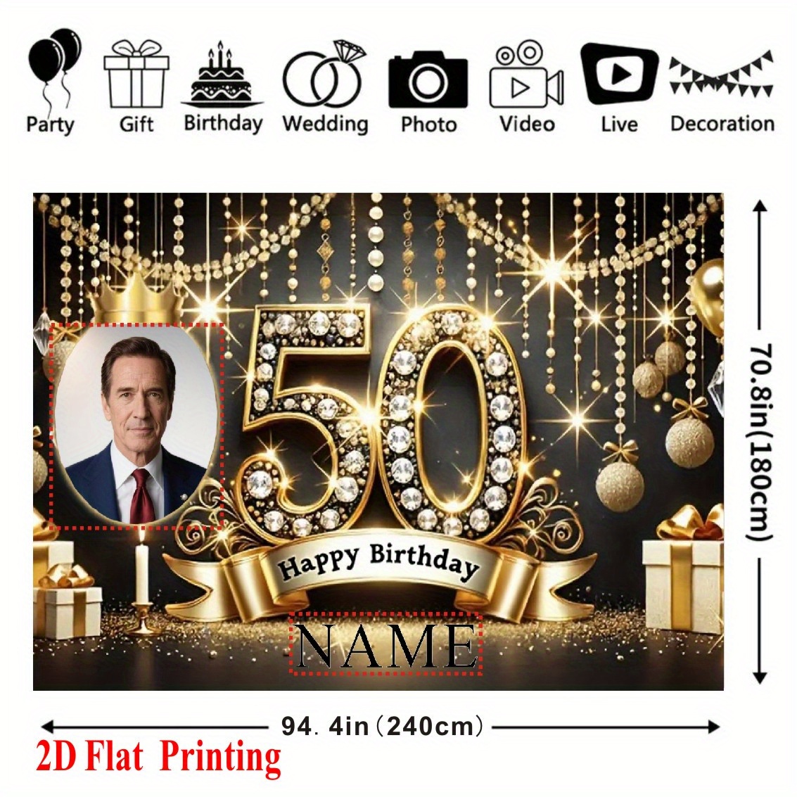 2D Flat, 50th Birthday Banner with Personalized Name & Photo/Photo   - Glittery Golden & Black Numbered 50 with   Number, Confetti &   Design - Vinyl Fabric for Milestone Party Decorations, 50 Years Celebration - Easy-to-Clean & Reusable - Ideal for Photo Backdrops & Balloon Arch Decorations (No Balloons/Candles/Gifts Included) - Birthday Party Decorations for 50th Age, 2D Flat