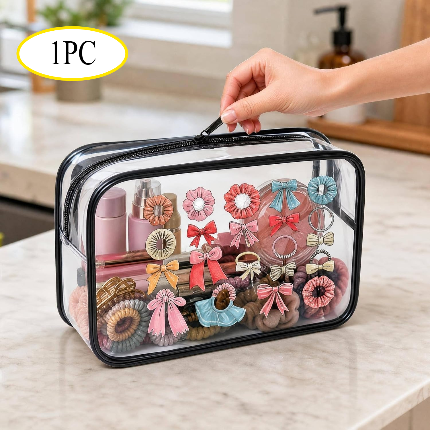 TEMU 1pc Large Capacity Clear Pvc Makeup Bag Portable Zipper Cosmetic Bag Transparent Storage Purse For Hair Additions Travel Beach Swim Dance Daily