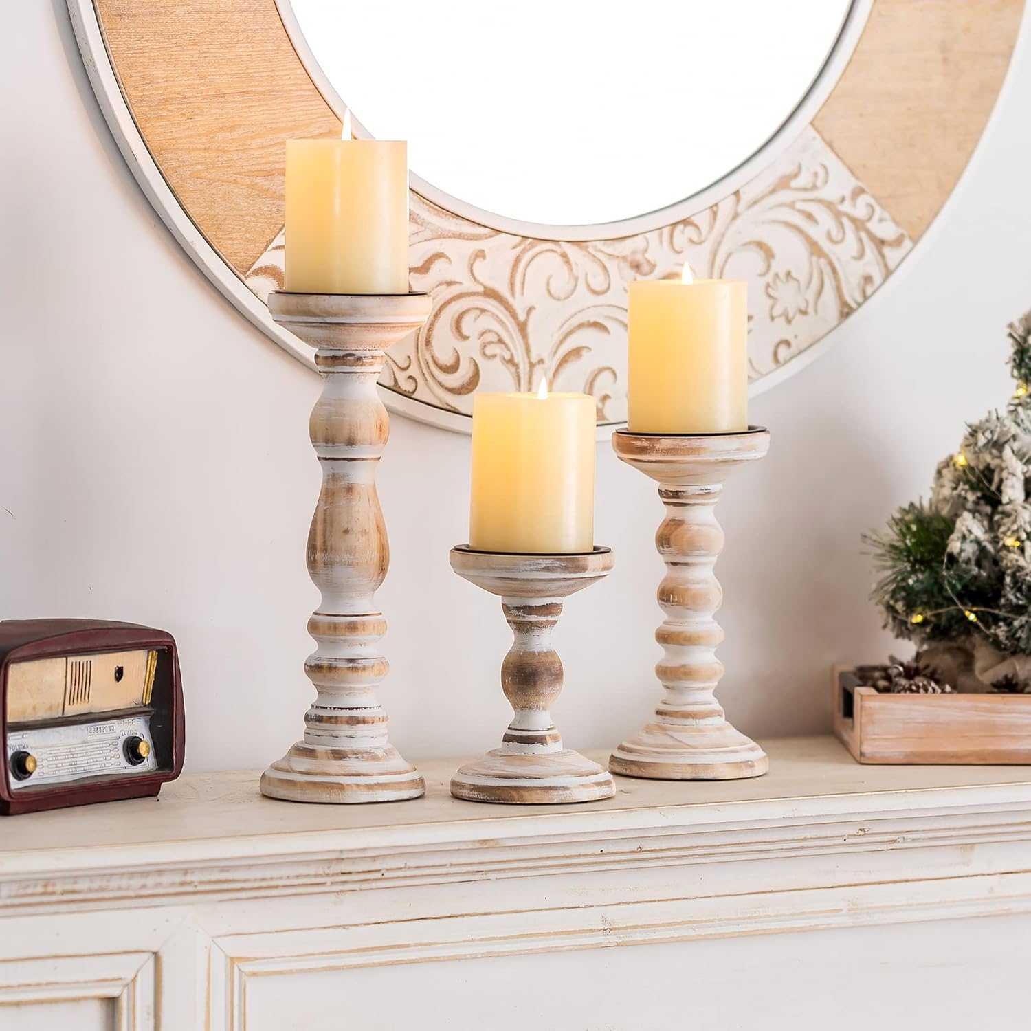 Image of Set Of 3 Rustic Wooden Candle Holders Designed For Pillar Candles, Featuring A Distressed End, Perfect For A Farmhouse-style Decor On Your Fireplace Table Halloween Christmas