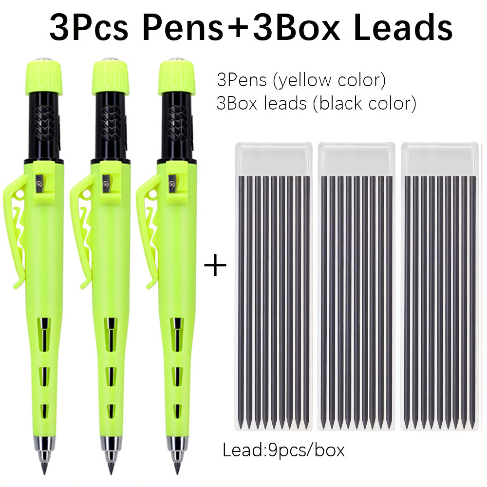 Image of 3 Pens + 3 Boxes Of Lead Core / 1 Pen + Of Lead Core Deep Hole Woodworking Pencils 3-in-1 Carpenter Specific Marker With Protective Cover And Pencil Sharpener, 2.8mm Replaceable Core Erase