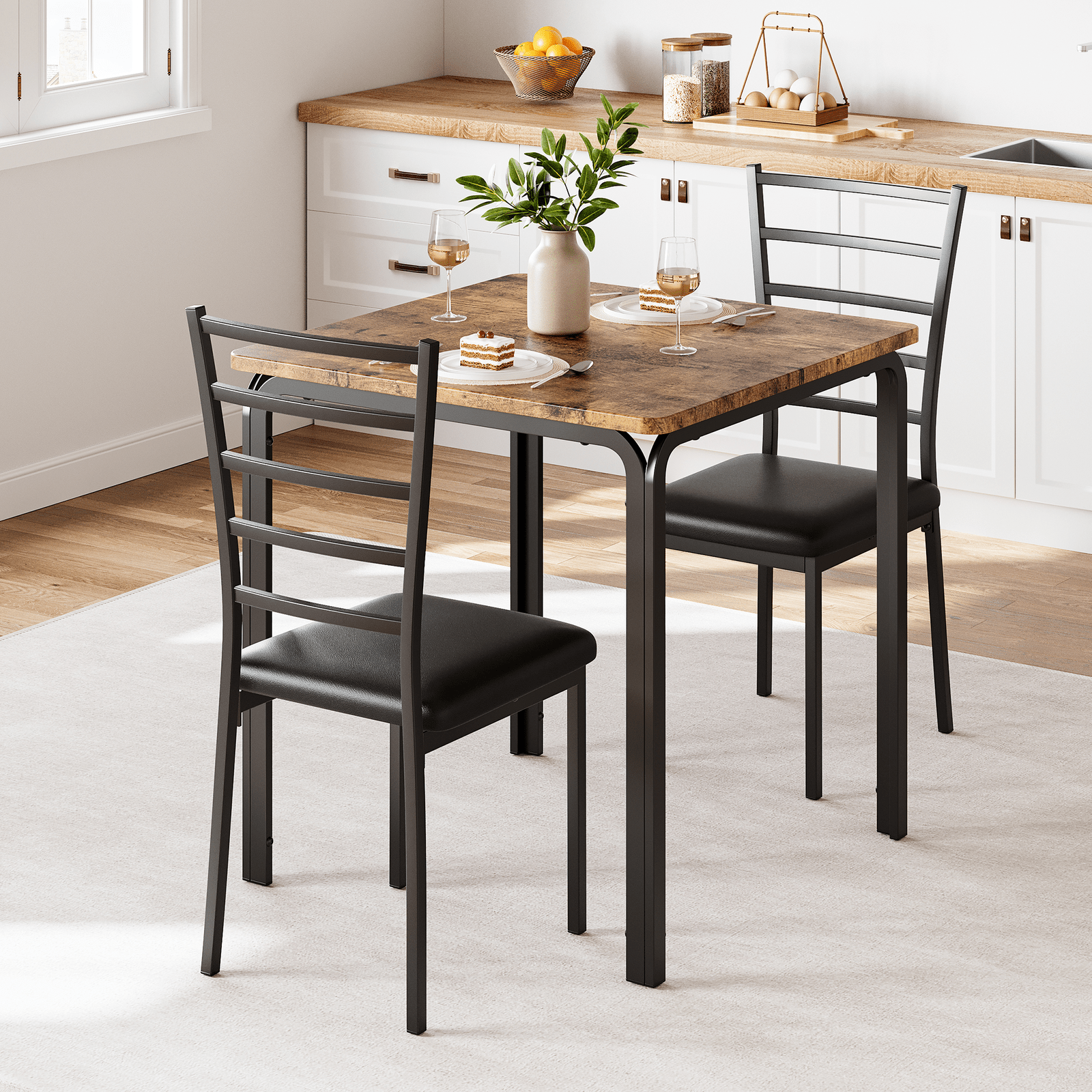 Image of Space-saving 3pcs Dining Set - Compact Table And 2 Upholstered Chairs For Apartments, Breakfast Nooks, Small Spaces (74x74x76cm)