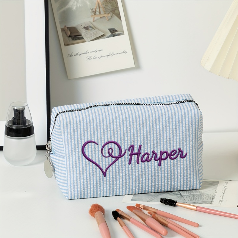 TEMU Custom Embroidery Personalized Striped Bag Name -- Portable Compartment Makeup Bag Travel Portable Women's Toiletry Organizer