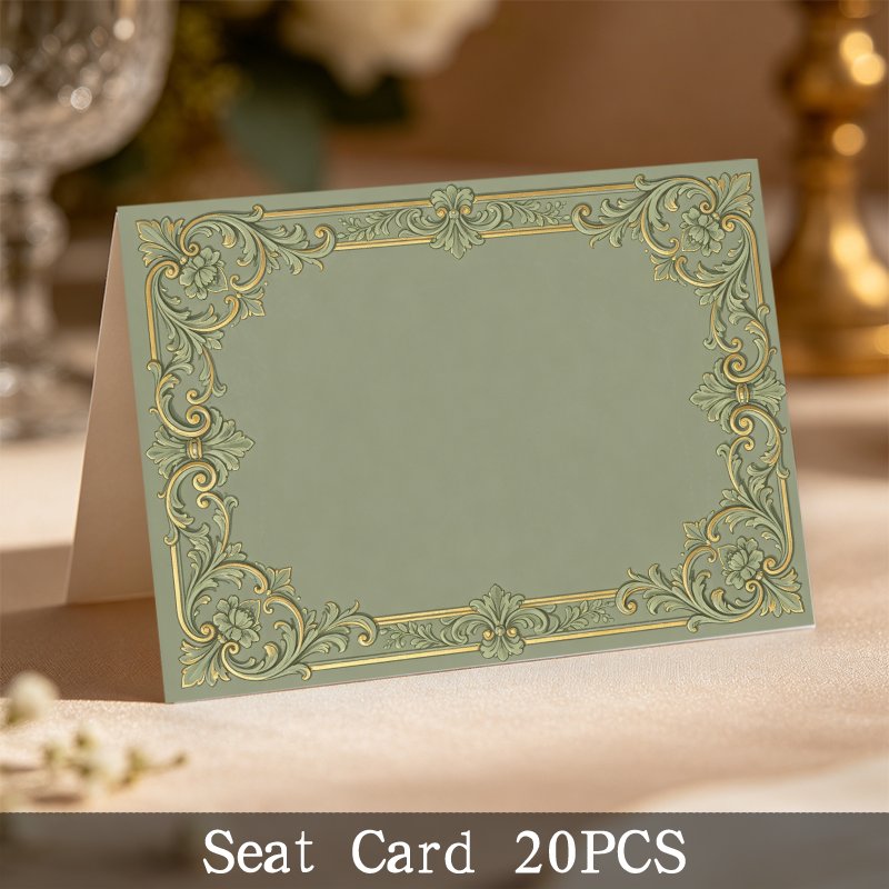 TEMU Zitkaarten | 20 Stuks 12 X 9 Inch Decoratieve Plaatskaarten Bruiloft Tafel Naamkaarten Vintage Saliegroen Gouden Sierlijk Bloemmotief Zitkaarten