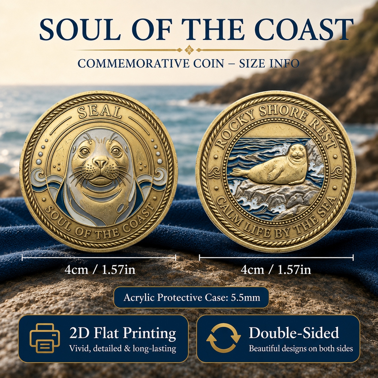 TEMU 1pc, 2d Flat Printing, Seal Commemorative Coin, Double-sided Shore Habitat Collectible Coin, Warm Brass Tone Seal With , Soul Of Themed Marine