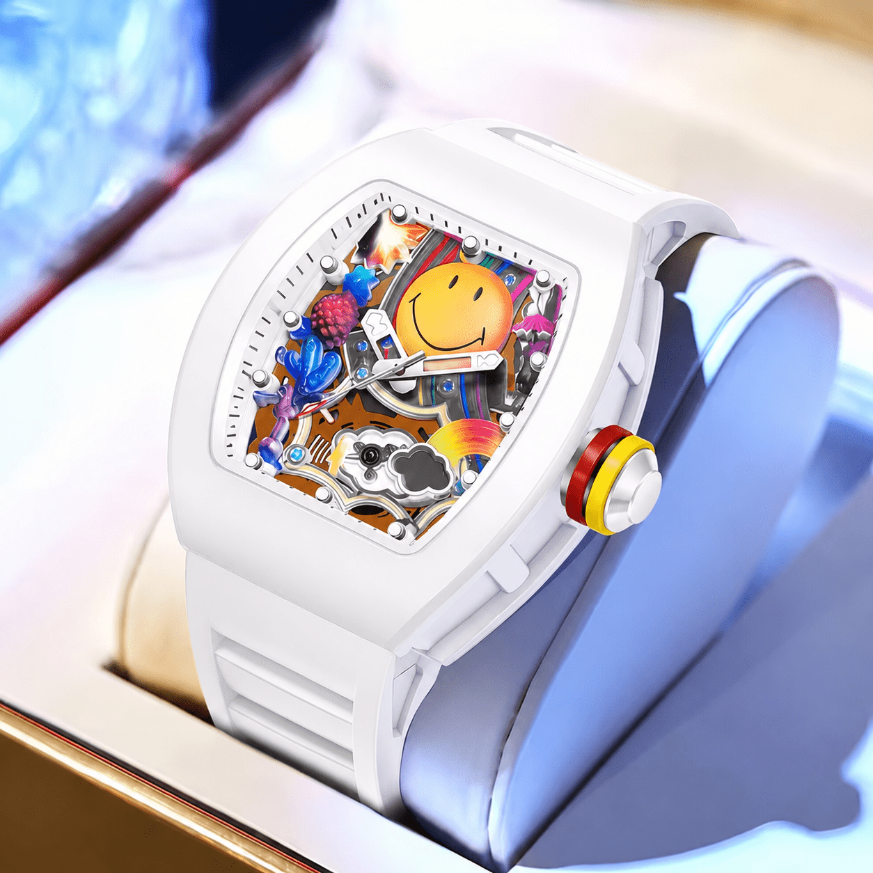 TEMU 1pc Colorful Smile Dial Watch, White Tonneau Case, Soft Strap, Creative Skeleton Style, Casual Fashion Wristwatch For Men And Women, Daily Wear