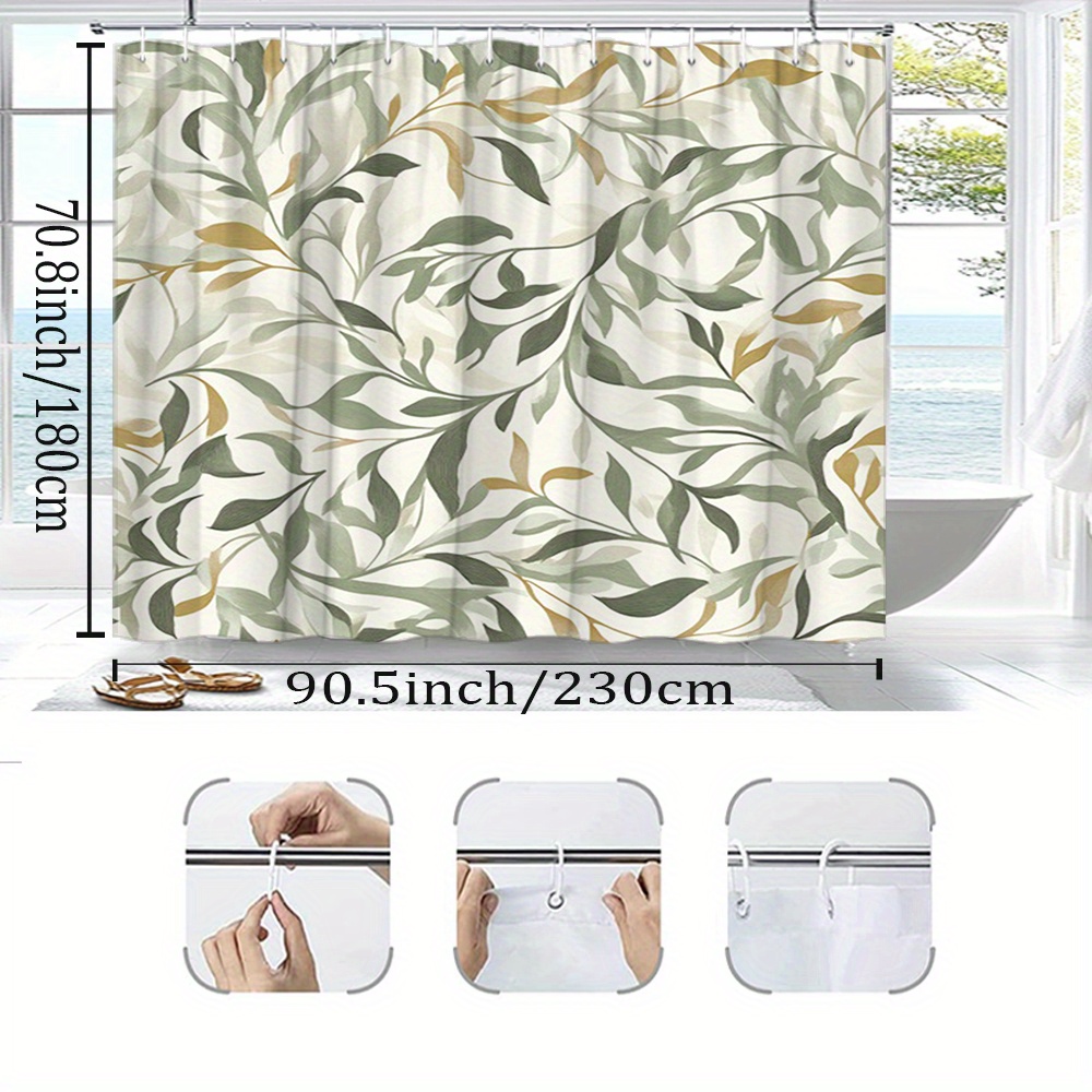 TEMU 1pc Leaves Branches Shower Curtain - Minimalist Botanical Design With Green Olive & Beige Leaves On Light Cream, Polyester Fabric, Machine