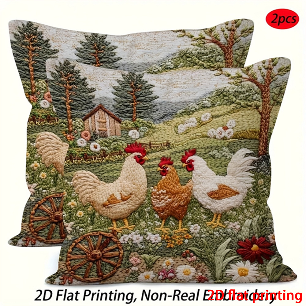 TEMU 2pcs-2d Flat Printing, Rustic Farmhouse Chicken Country Scene Throw Pillow Covers, Home Garden Sofa Bed Decoration Cushion Cover, Gift, Suitable