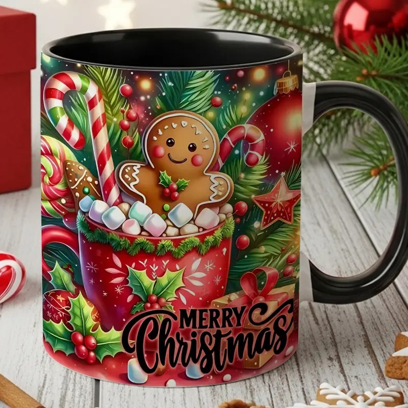 TEMU 1pc Gingerbread And Candy Cane Christmas Coffee Mug - Durable Xmas Drink Cup With Iconic Holiday Treats Design, Ideal Gift For Tea Or Daily Use