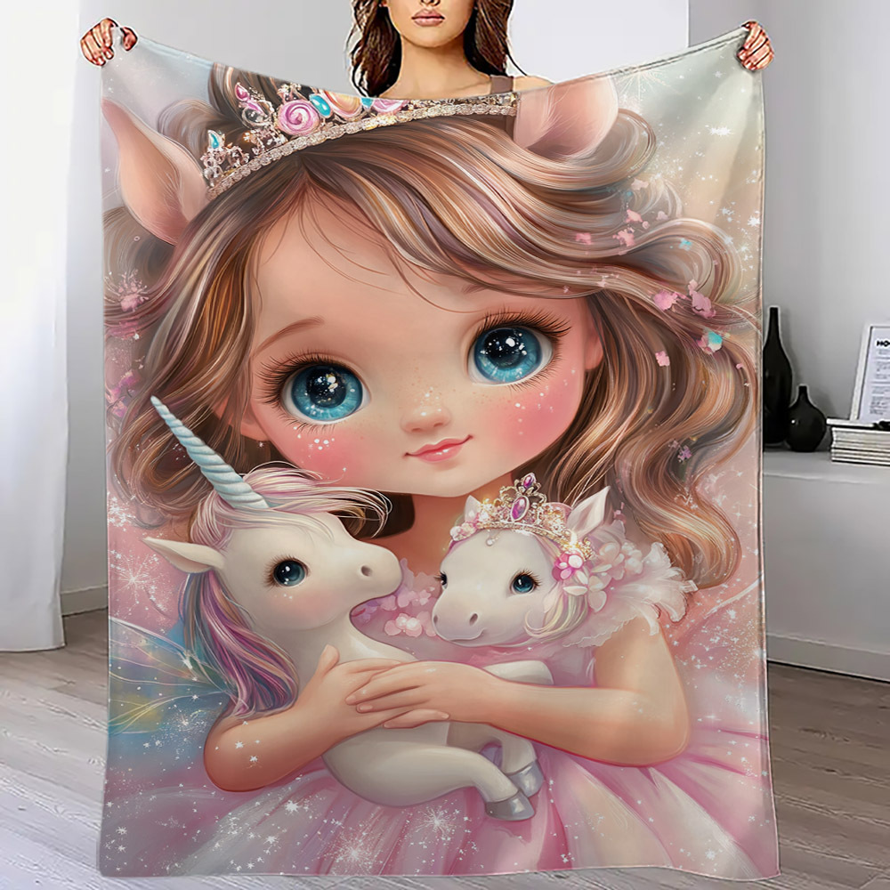 contemporary flannel throw blanket with   girl and   unicorns print hypoallergenic   multipurpose   polyester bedding with ideal for bed sofa camping for gifting details 3