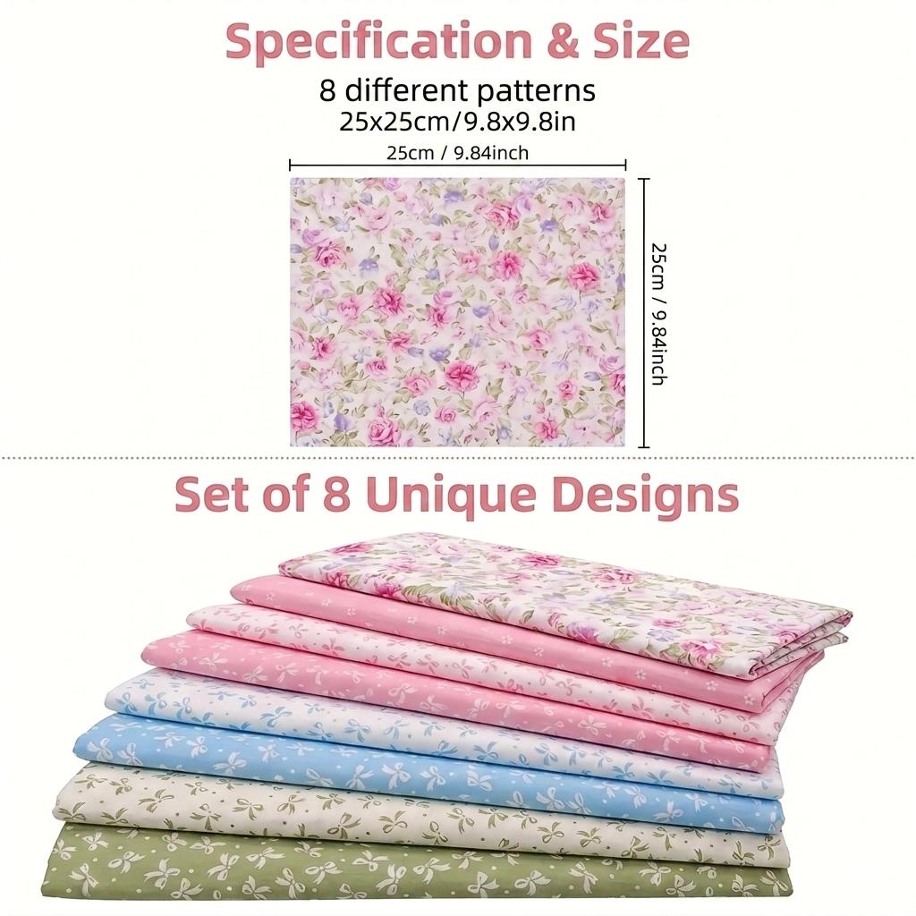 TEMU Set de 8 piezas de exquisito paquete de tela floral patchwork: Tela artesanal de gran tamaño de 50 x 50 cm | Tela de costura precortada de 8