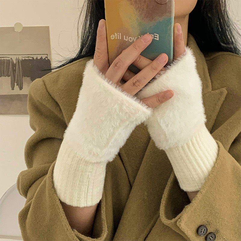 TEMU Autumn And Winter -resistant Gloves For Women, Mink, Elegant And Cute Office Half-finger Student Gloves, Solid Color Without Patterns, Suitable