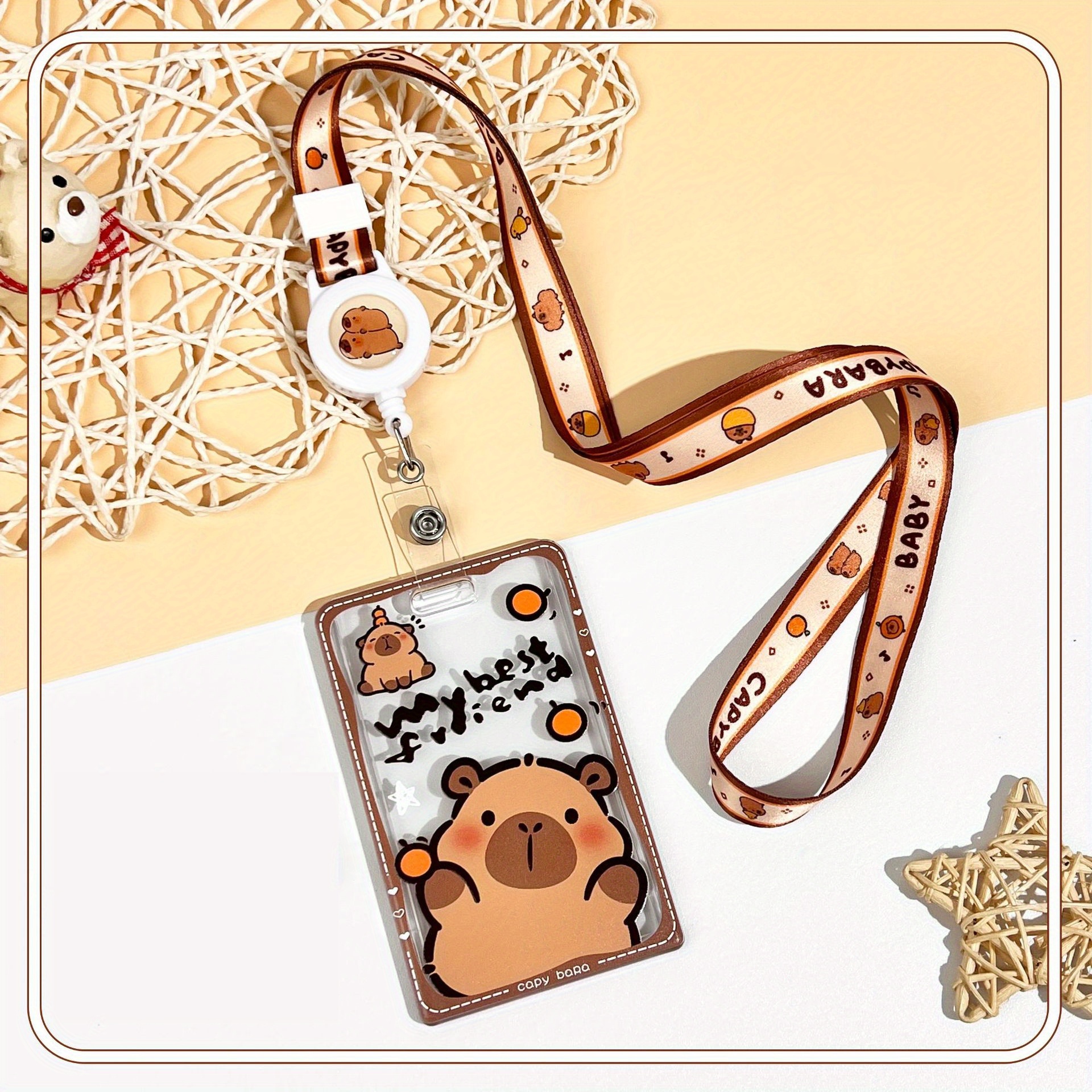 TEMU Porte-cartes 2D fantaisiste de dessin animé avec un bobine extensible et une corde de suspension, un adorable porte-cartes transparent Capybara,