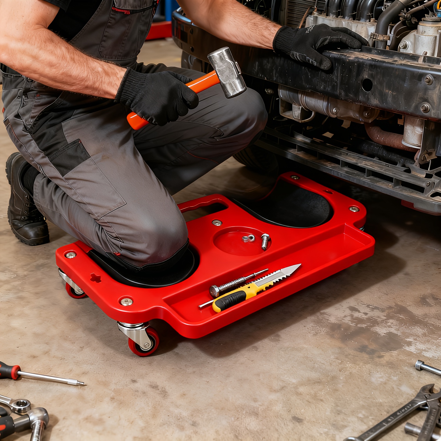 Rolling Kneeling Pad/mat Abs High-impact Frame, Built-in Tool Tray Multifunctional Design, With Comfortable Cushioning Kneepad, Suitable For Mechanics, Carpenters, Flooring And Car Repair