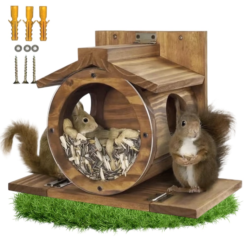 Wood Squirrel & Bird Feeder Outdoor Wall-mounted Suitable For Wildlife, Wood Panel With Transparent Top, Large Front Feeding Port & 2 Side Troughs, Garden Decoration For Patio, For And Small Mammals
