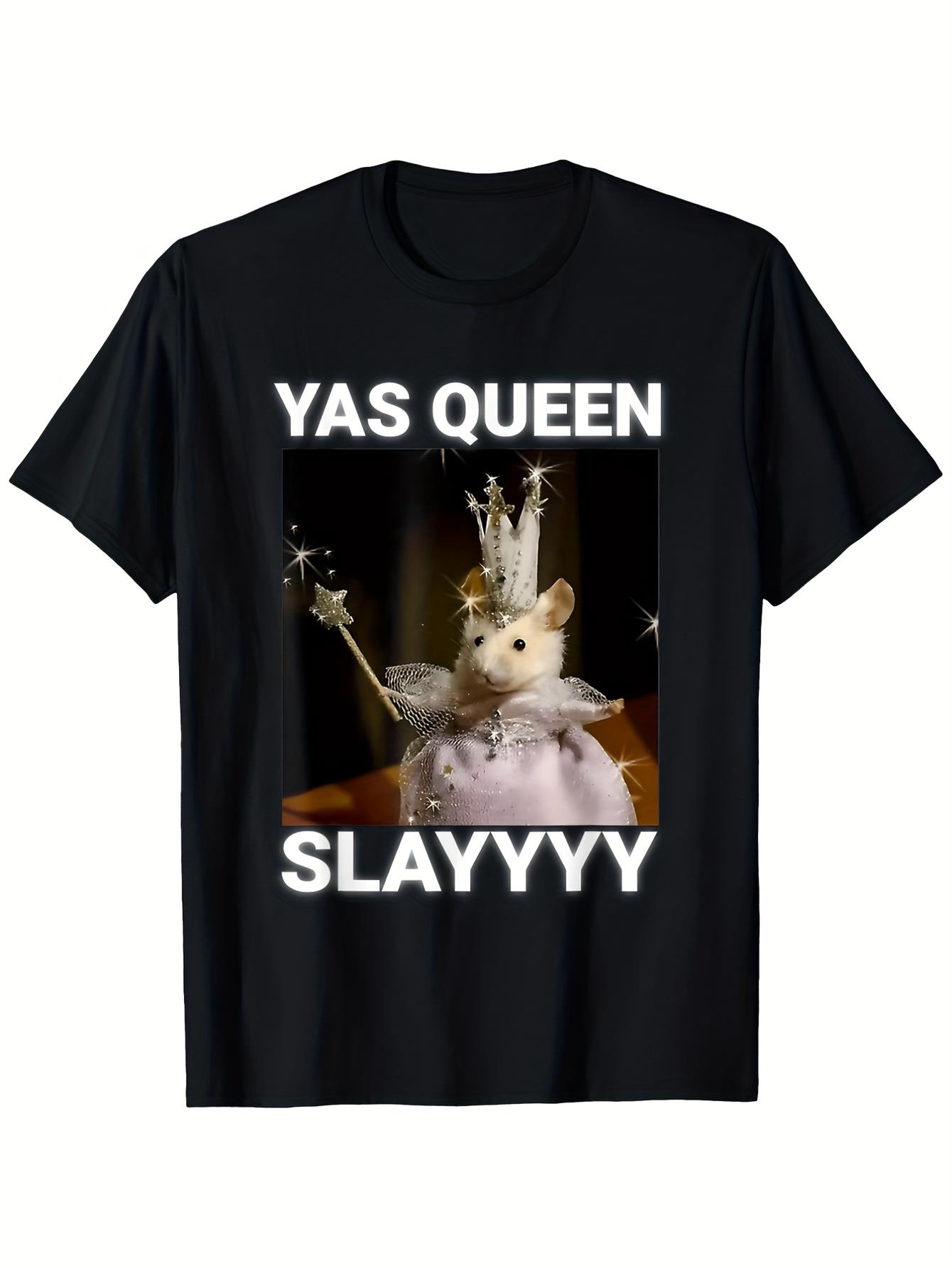 mens funny sarcastic yas queen slay meme t shirt with sparkly mouse   graphic 100 casual round neck short sleeve tee     parties casual outfits humorous   plus size valentines day