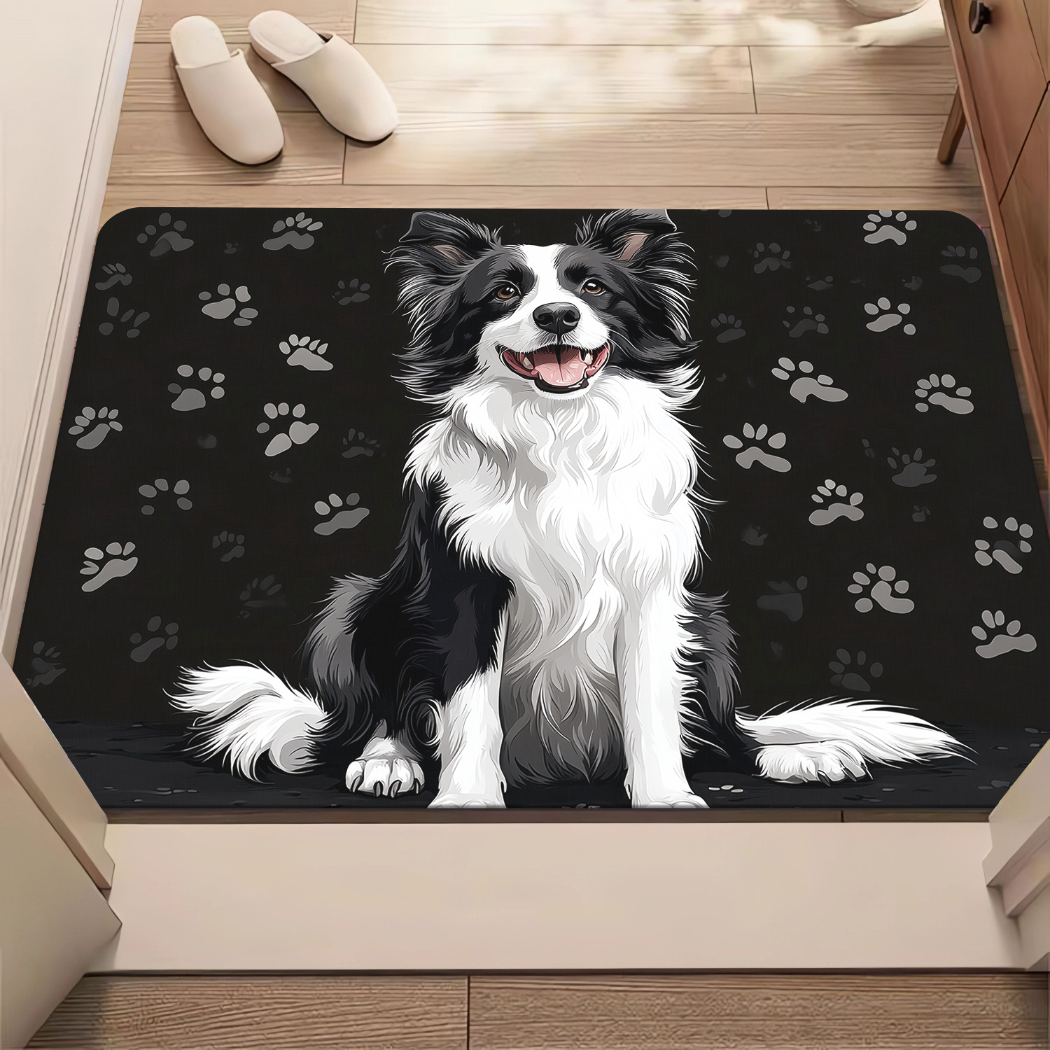 TEMU 1pc Of A High-definition Printed Door Mat Featuring A Border Collie, Designed To Be Non-slip And Suitable For Bathroom Floors. This Microfiber