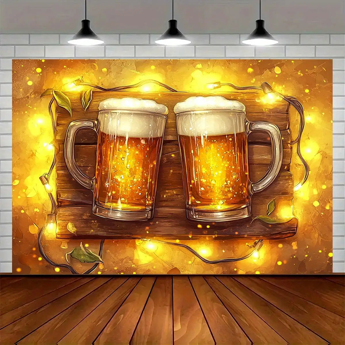 TEMU Sfondo per Feste a Boccale di Birra 2D Piatto, 1 pz, con Luci a Stringa Luminose - Design con Boccali di Birra Dorati e Luci Scintillanti -