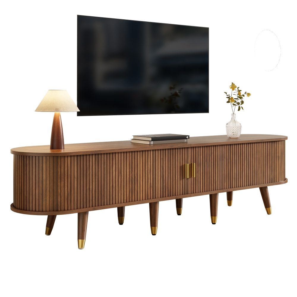 TEMU Meuble TV 69' avec porte coulissante, extrémités en bois, meuble TV MDF de avec étagères ouvertes, tiroirs et pour salon