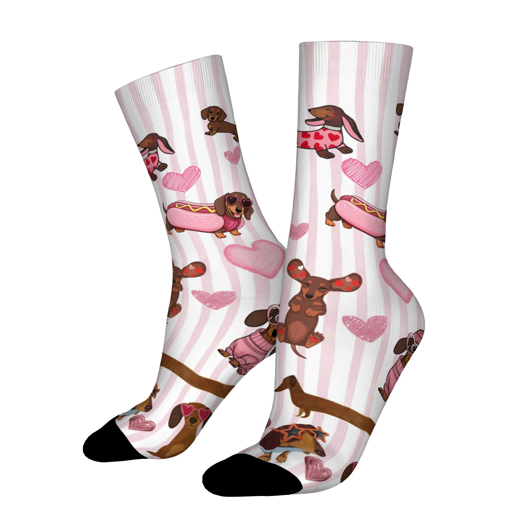 TEMU 1 Pair Hip Hop Vintage Love Heart Dachshund On Pink Crazy Men's Compression Socks Unisex Harajuku Seamless Printed Funny Novelty