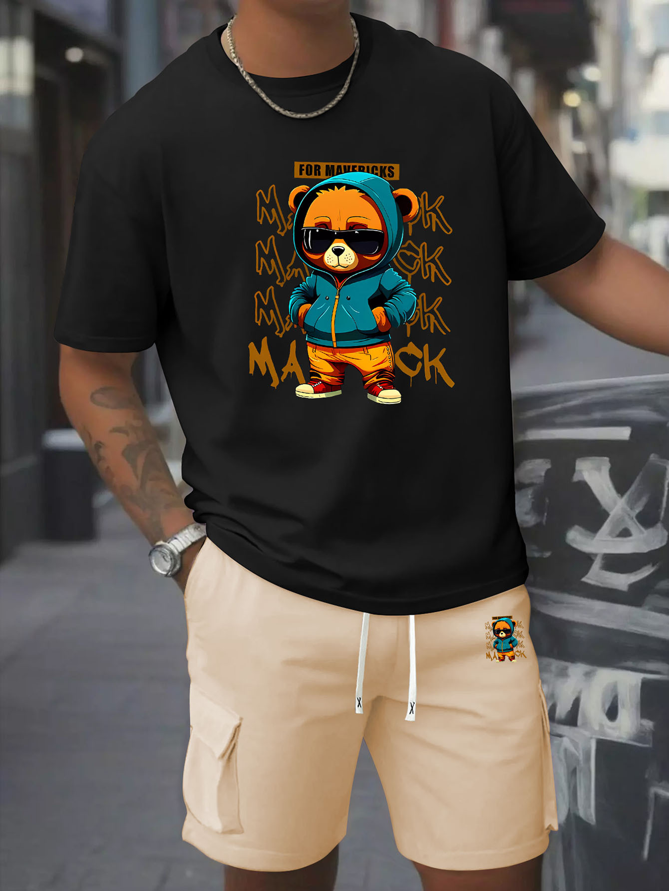 Men's Two-Piece Set with Loose Cotton T-Shirt and Work Pants
