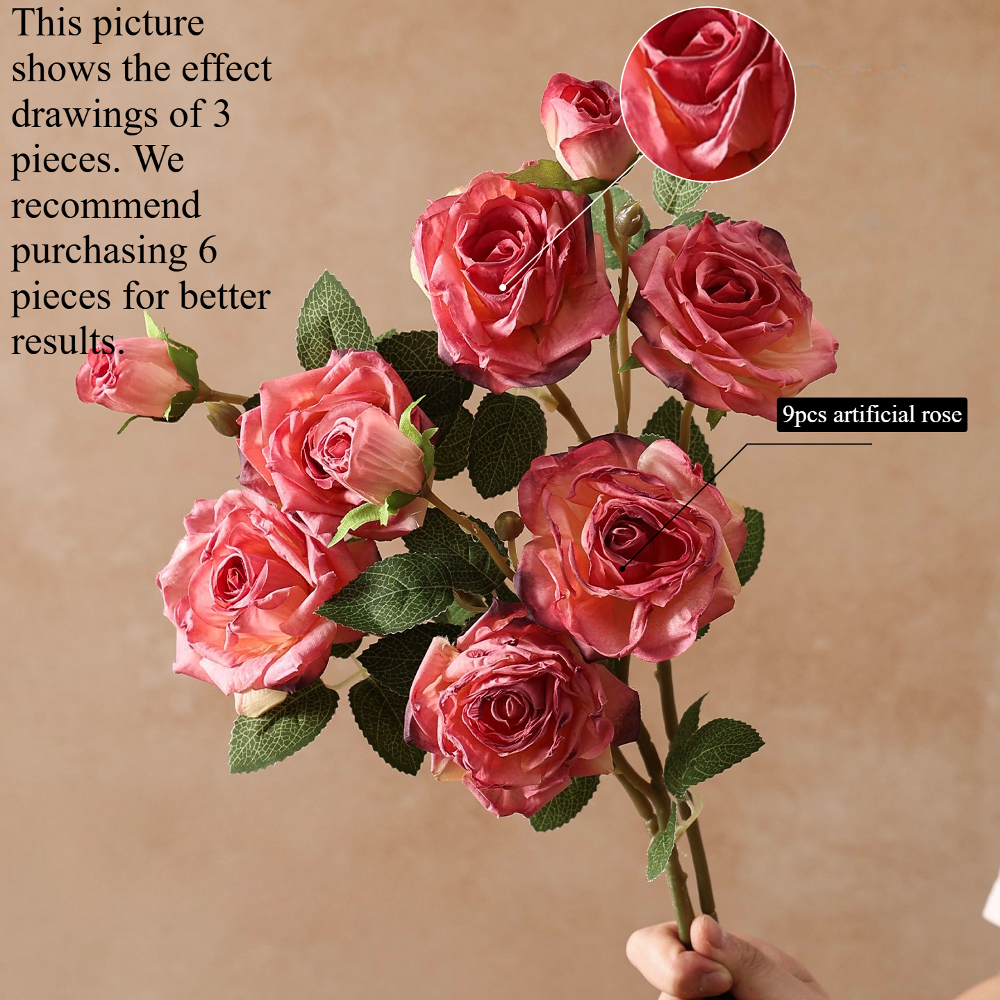 TEMU 3 bouquets de 9 têtes de roses artificielles roses et blanches, tiges de roses artificielles en soie réaliste de 50 cm, fausses fleurs pour