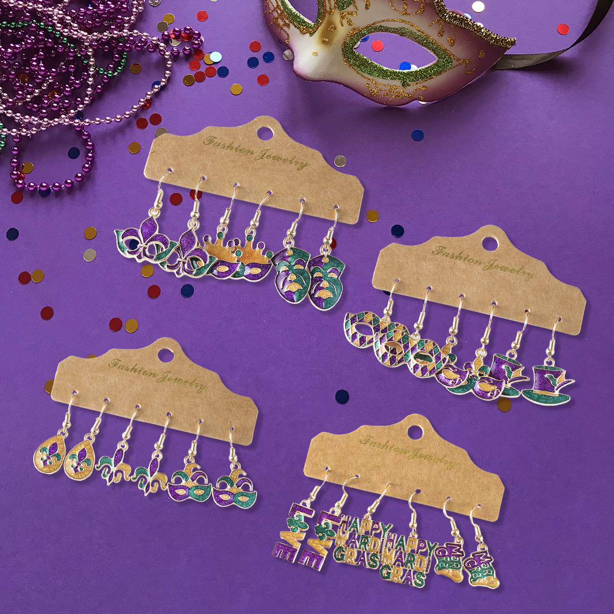 

3 Pairs Of Mardi Gras Sequin Earrings Set Retro Mardi Gras Purple Mask Clown Hat Mardi Gras Pendant Earrings Women's Mardi Gras Fashion Personality Alloy Glitter Drop Oil Earrings Set Gift