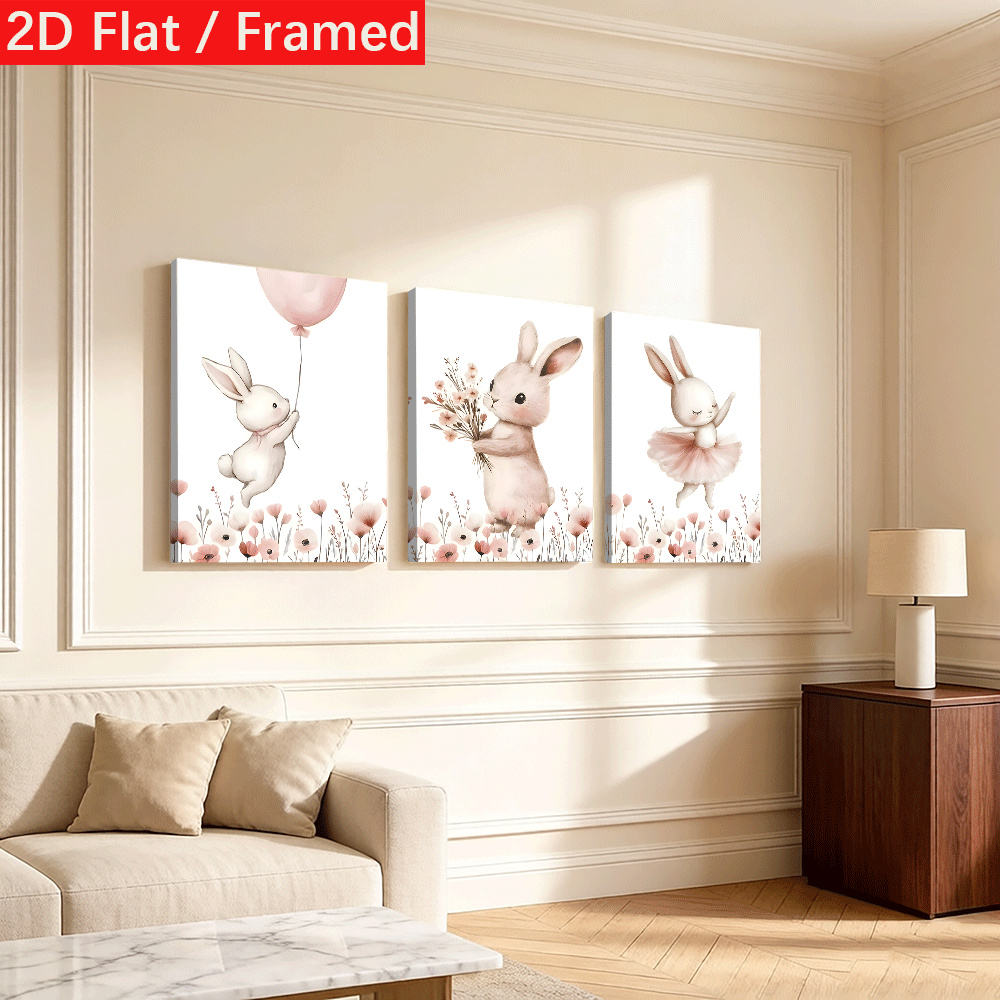 3-Panel Framed Canvas Wall Art - Cute Rabbit Nursery Print