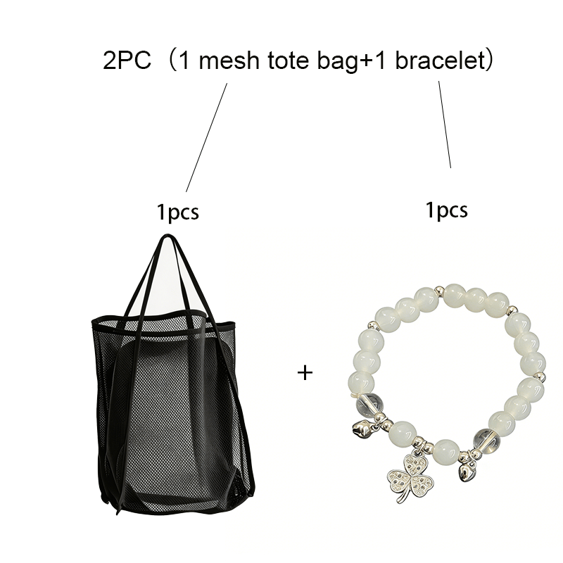 Image of 2pcs( Tote Bag+1 Bracelet) Mesh Beach Bag Forfamily, Sand Free Quick Dry Large Beach Tote Bag, Lightweight Foldable Pool Bag For Beach Vacation Swimming Travel Gym Shower