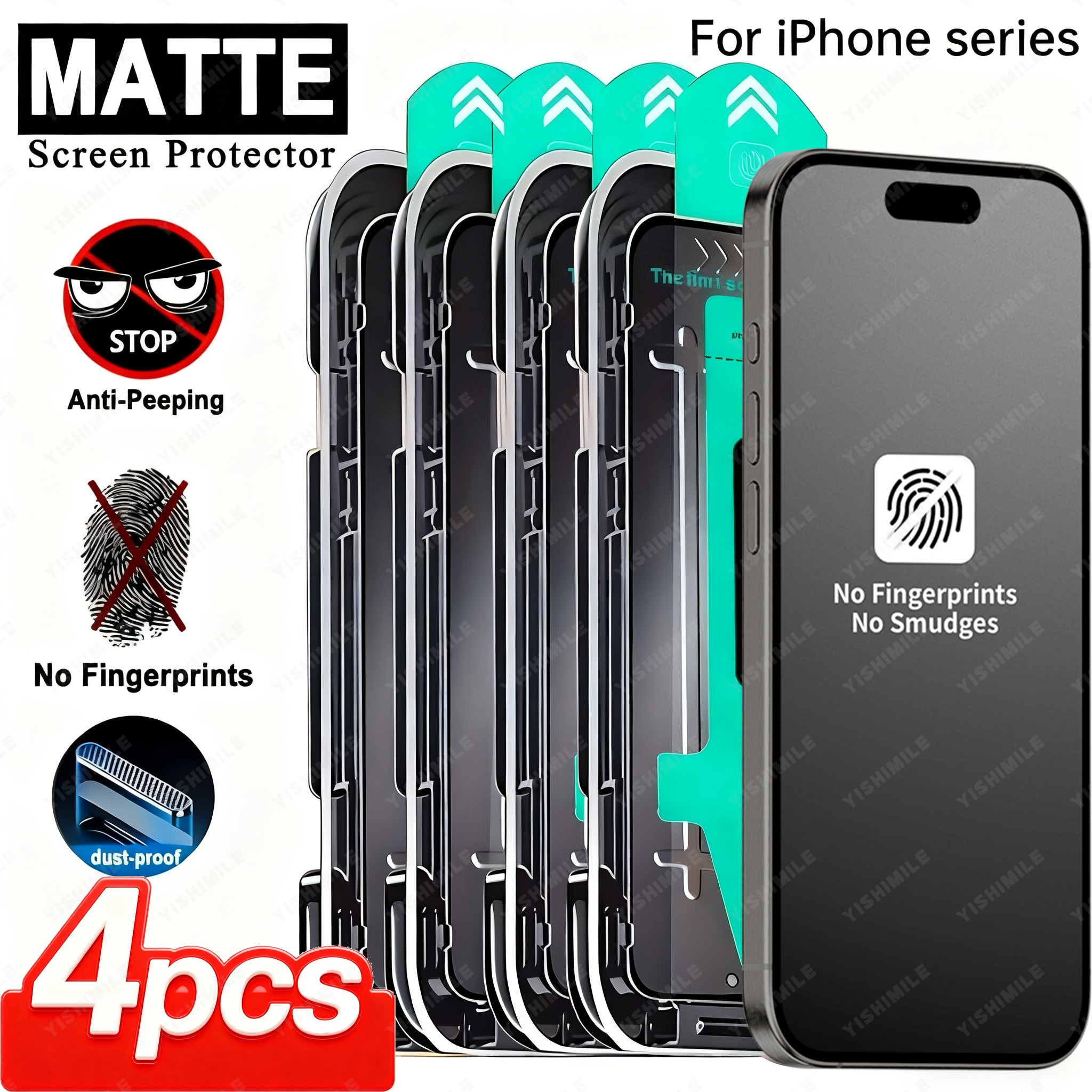E-shop 4 Stück Mattes Sichtschutzfolie für iPhone 13/14/15/16/17/Plus/Pro/Pro Max/17Air/16e Serie, 9H Härte Gehärtetes Glas -Spion, Automatische