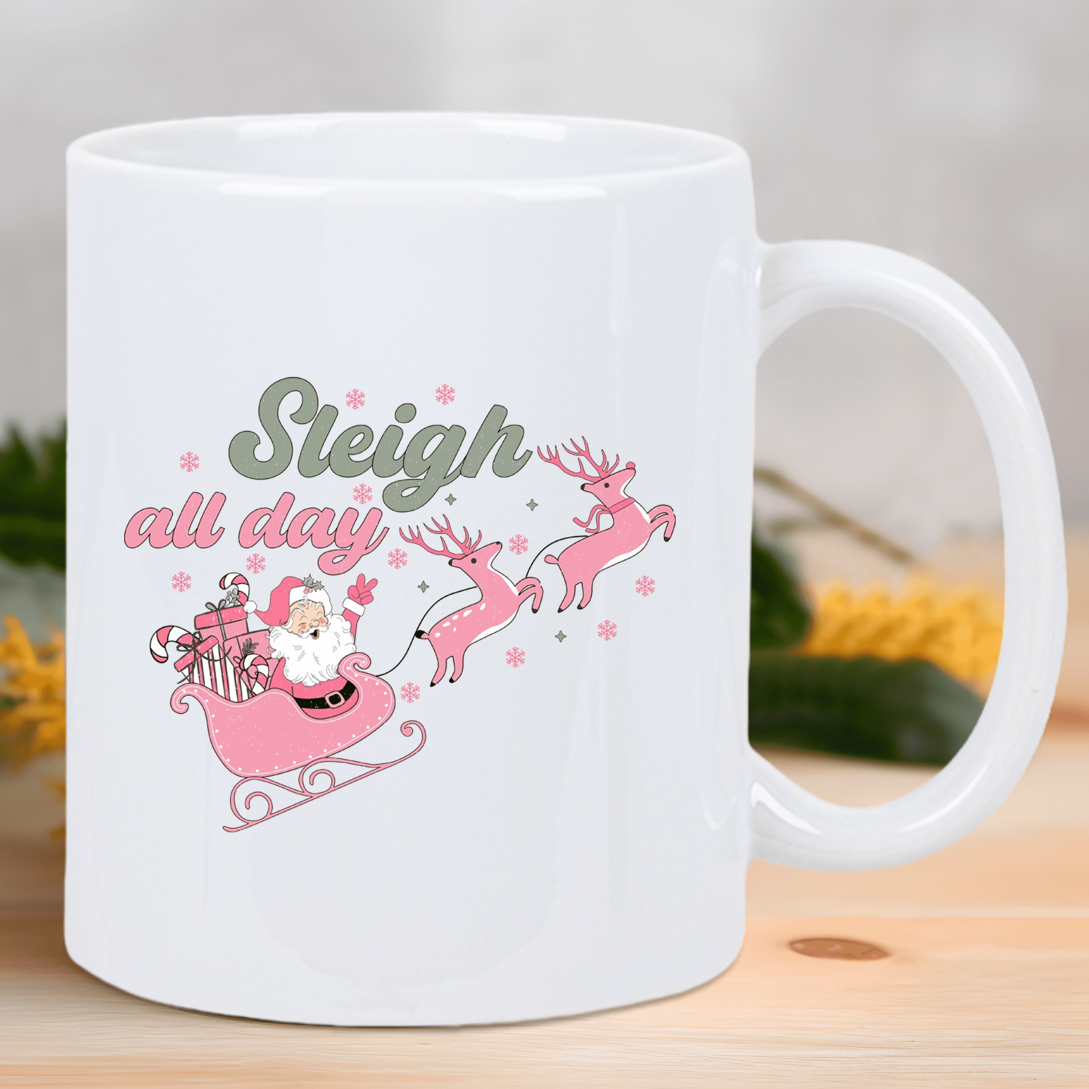 festive santa sleigh reindeer ceramic coffee mug insulated reusable white mug with   design   holiday gifting hand wash only seasonal gift item   holiday mug glossy   details 4