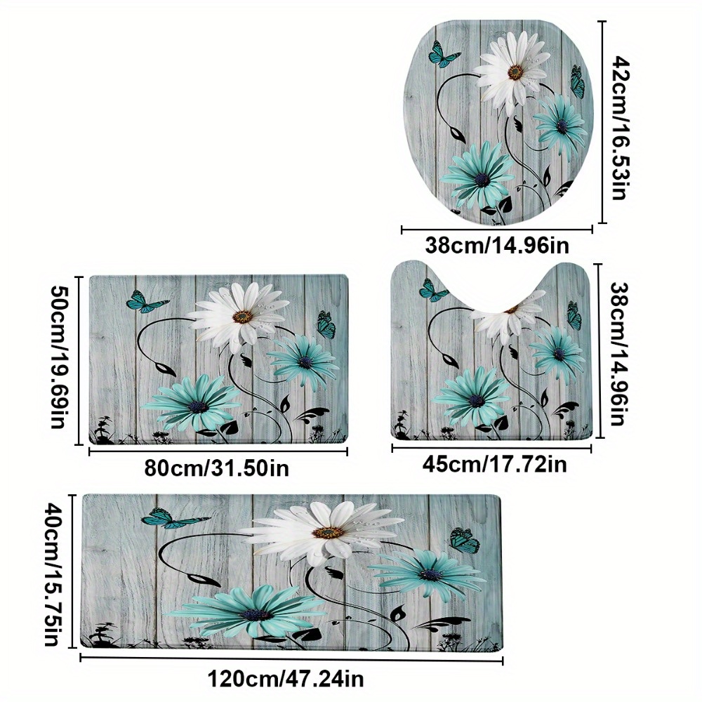 TEMU 4pcs/ Set And White Daisy Pattern Printed Bathroom Protective Mat Set, Non-slip Bathroom Mat, Flannel Bathroom Mat, Bathroom Floor Mat, Toilet