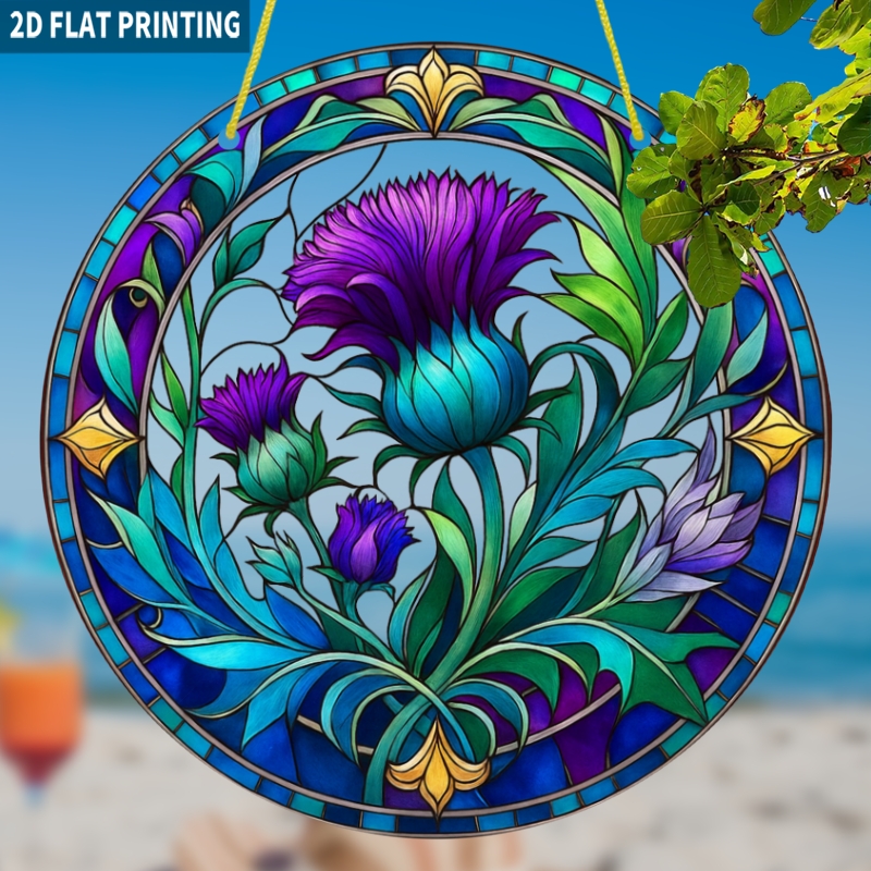 TEMU 2D Plat, 1pc Attrape-Soleil Écossais - Grand Décor de Fenêtre Rond en Acrylique de 8x8 Pouces avec Design de Fleur Nationale Écossaise, Élégant