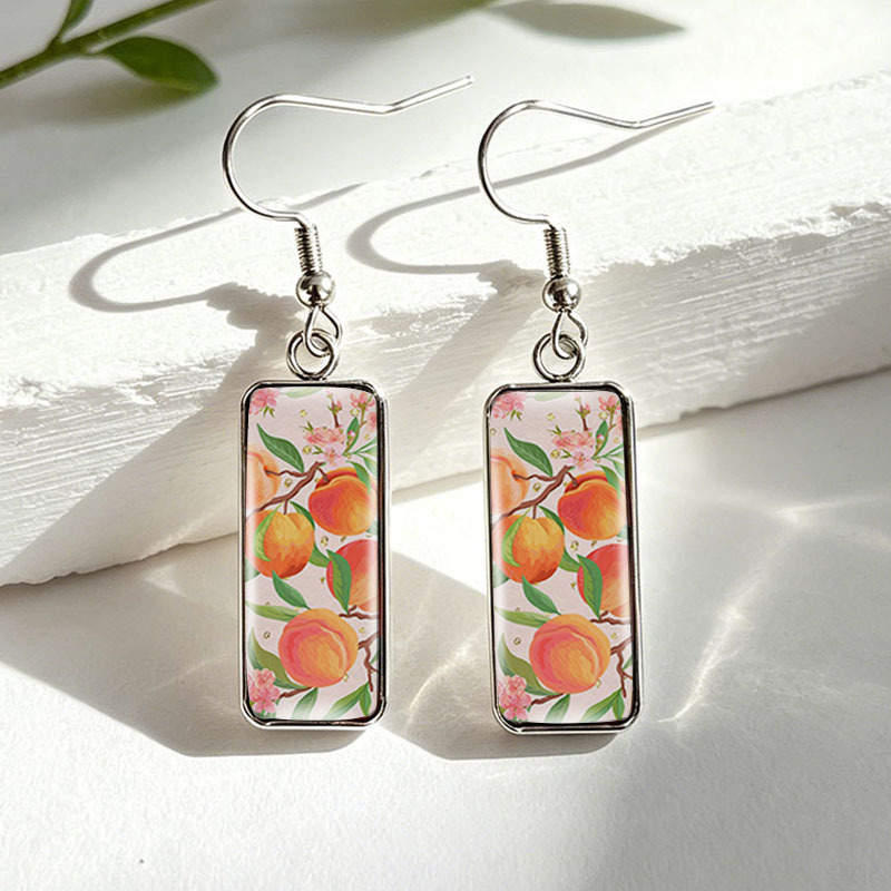 Pink Peach Fruit Blossom Branch Stainless Steel Drop Earrings, Unisex