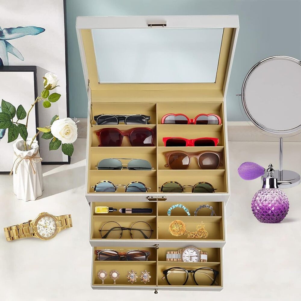 Fashion Glasses Organizer, Fashion Glasses Storage Organizer, Eyeglasses Storage Glass Top Lockable Case Organizer Eyeglasses Display Box For Women Men