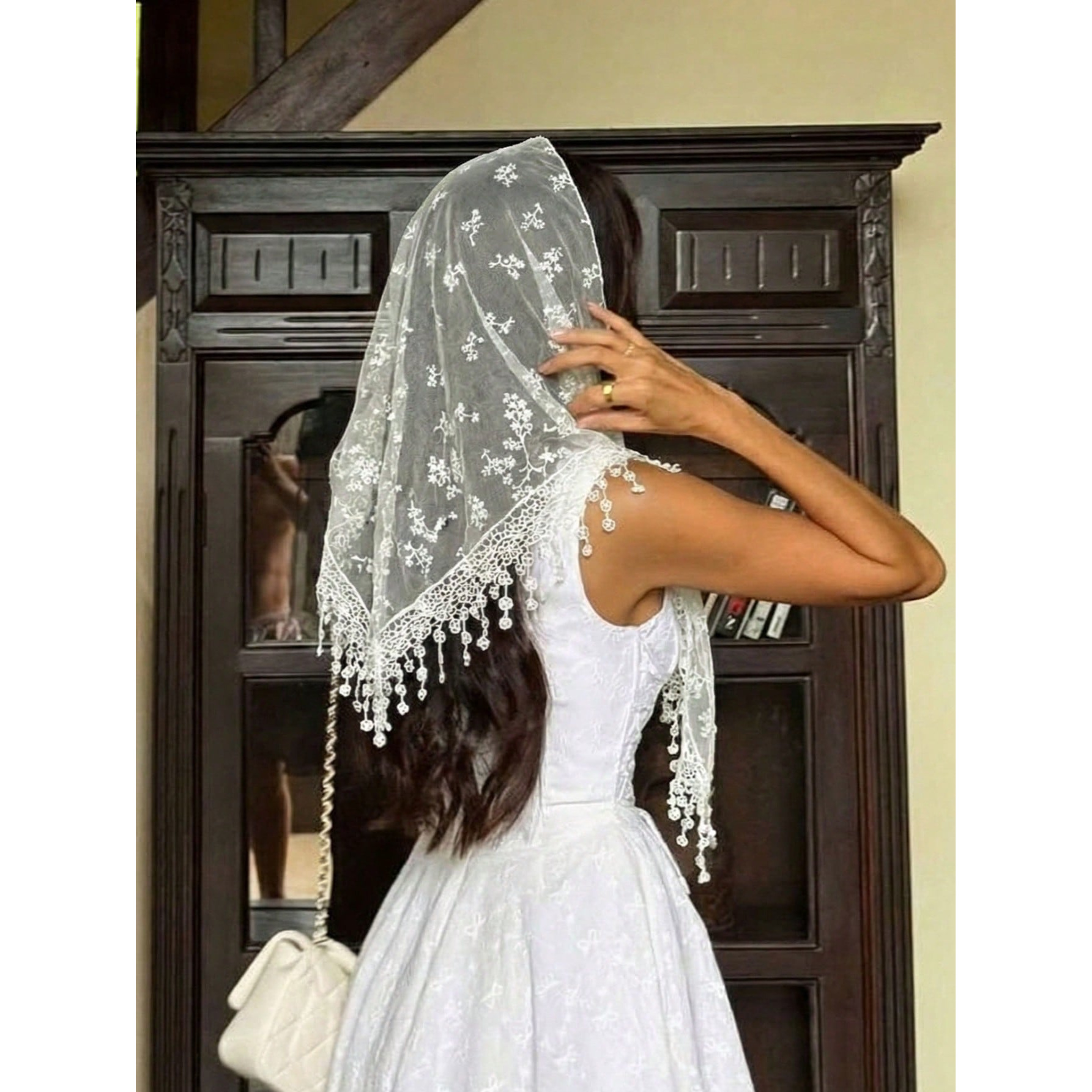 Image of Women's Mesh Lace Triangle Scarf, Floral Ball Fringe Shawl, Bridal Veil, In Black And White