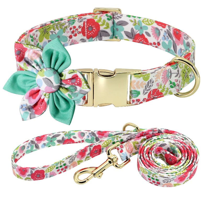 Customizable Floral Print Dog Collar and Leash Set