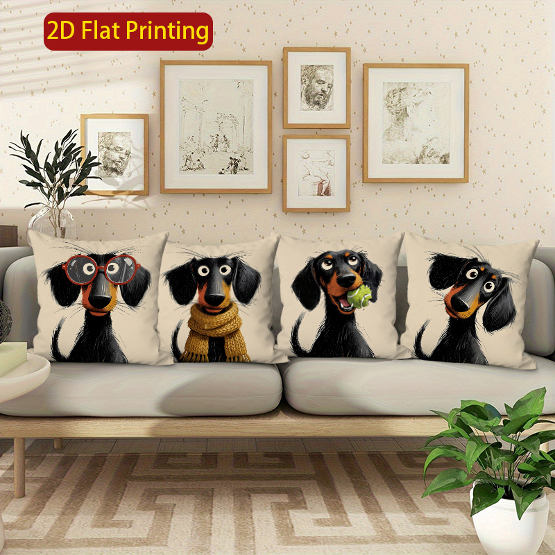 TEMU 2d Flat 4pcs Dachshund Print Pillowcases, Suitable For Living Room, Bedroom, Office Decoration - Decorative Pillowcase, Decorative Pillowcase,
