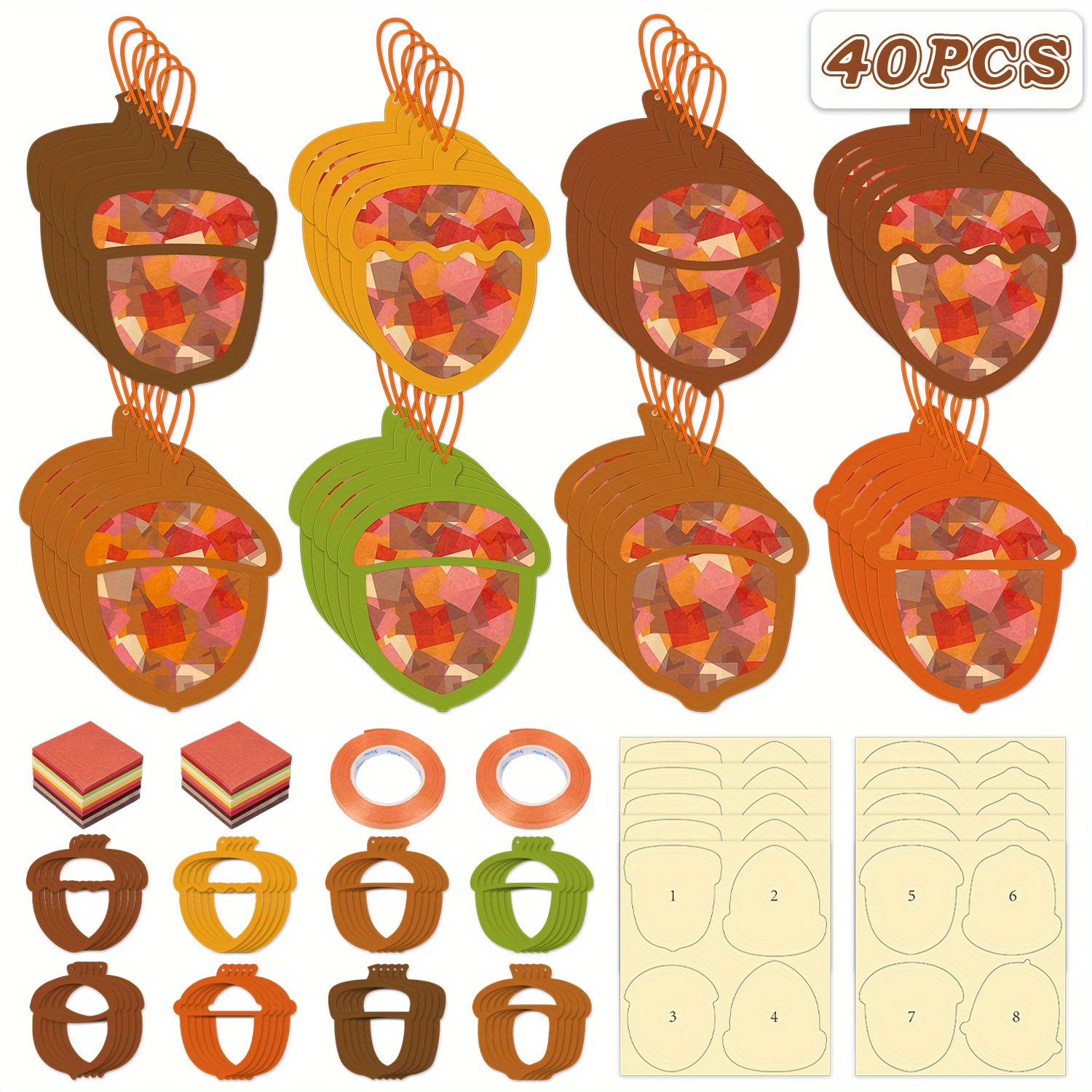 Image of 40pcs Autumn Suncatcher Craft Kits - Diy Stained Glass Window Art Supplies For Classroom & Home, Bulk Fall Thanksgiving Party Favors & Seasonal Decorations- Crystal And Prism Light- Catching Products