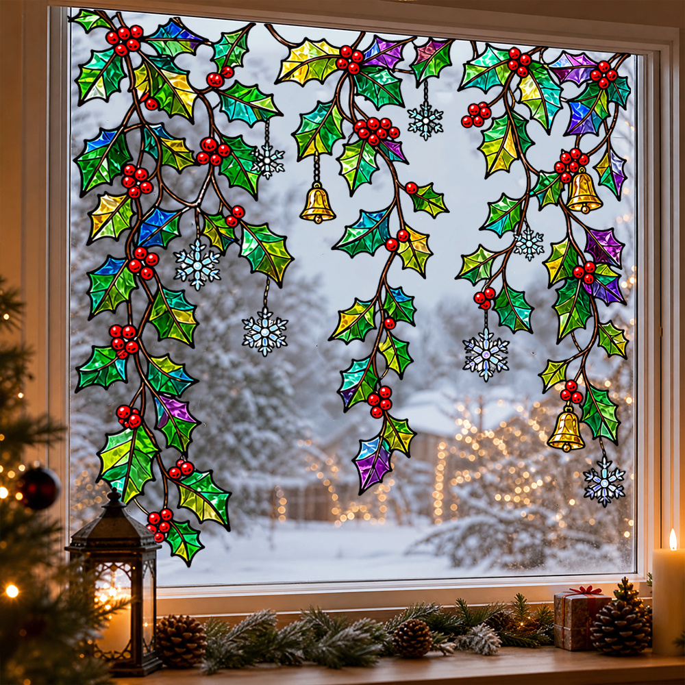 TEMU 1pc 2d Painted Christmas Holly Vine Window Cling, Drooping Holly Branches And Red Berries Snowflake Ornaments, Vintage Colored Glass Translucent
